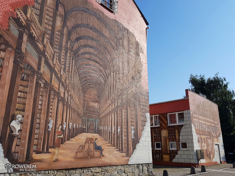 Mural na budynku biblioteki w Ustroniu