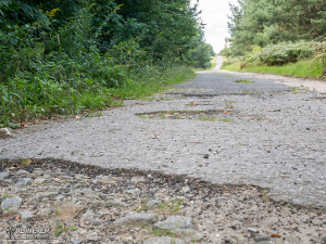 Dziurawy asfalt w lesie w Przymiłowicach